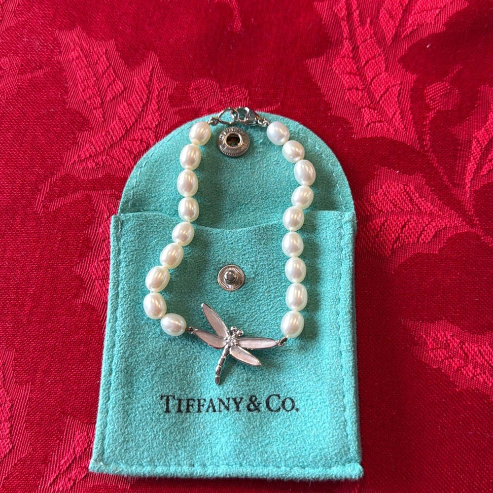 Tiffany & Co 18K white gold dragonfly with diamond  & pearls bracelet rare item